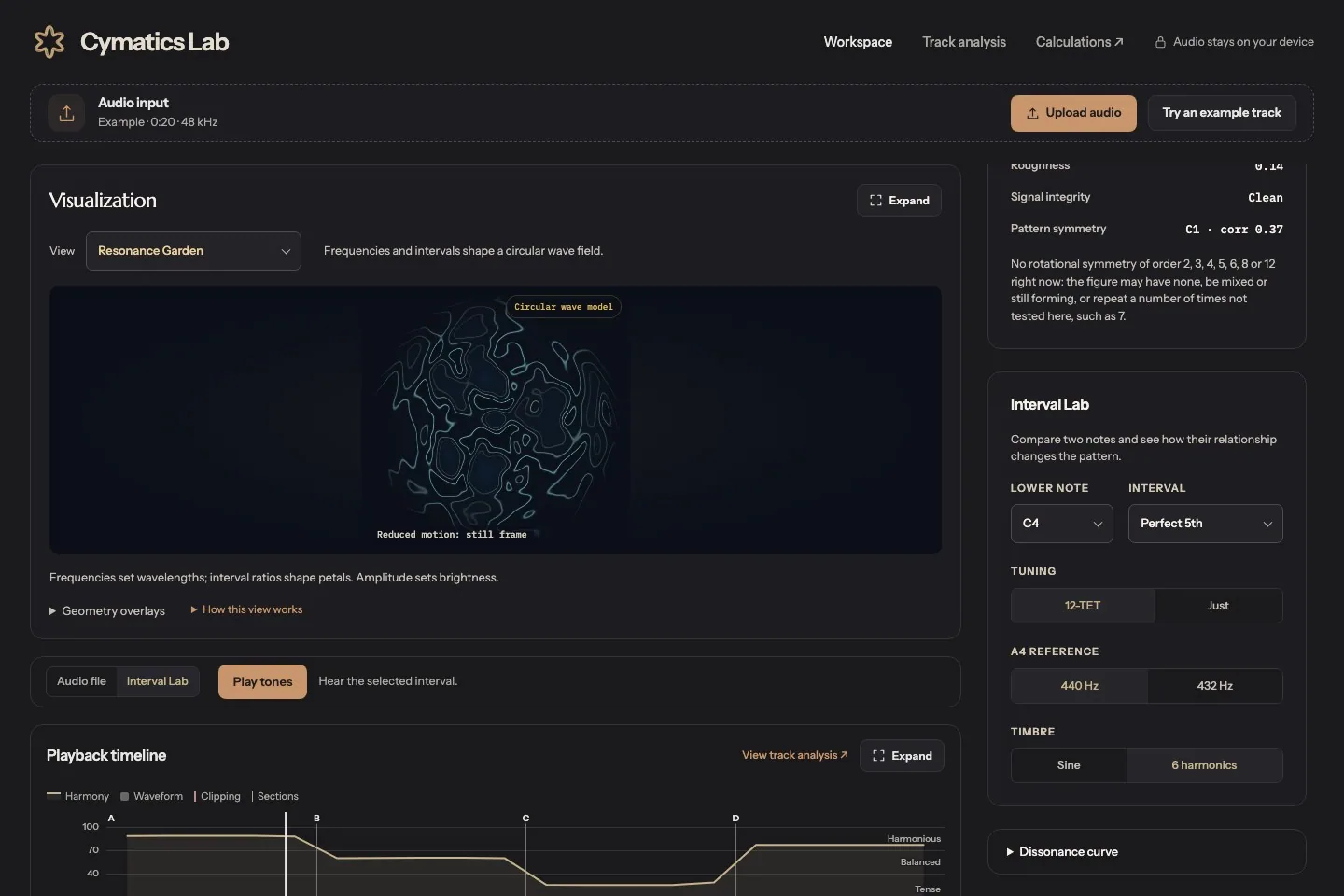 Cymatics Lab Interval Lab with two-note tuning controls and calculated harmony insights