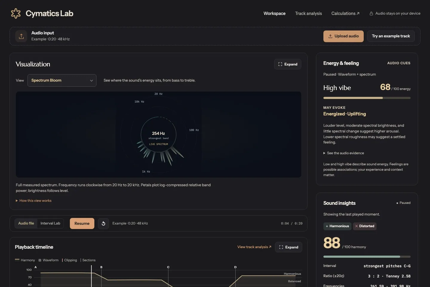 Cymatics Lab Spectrum Bloom visualization of frequency bands during audio playback