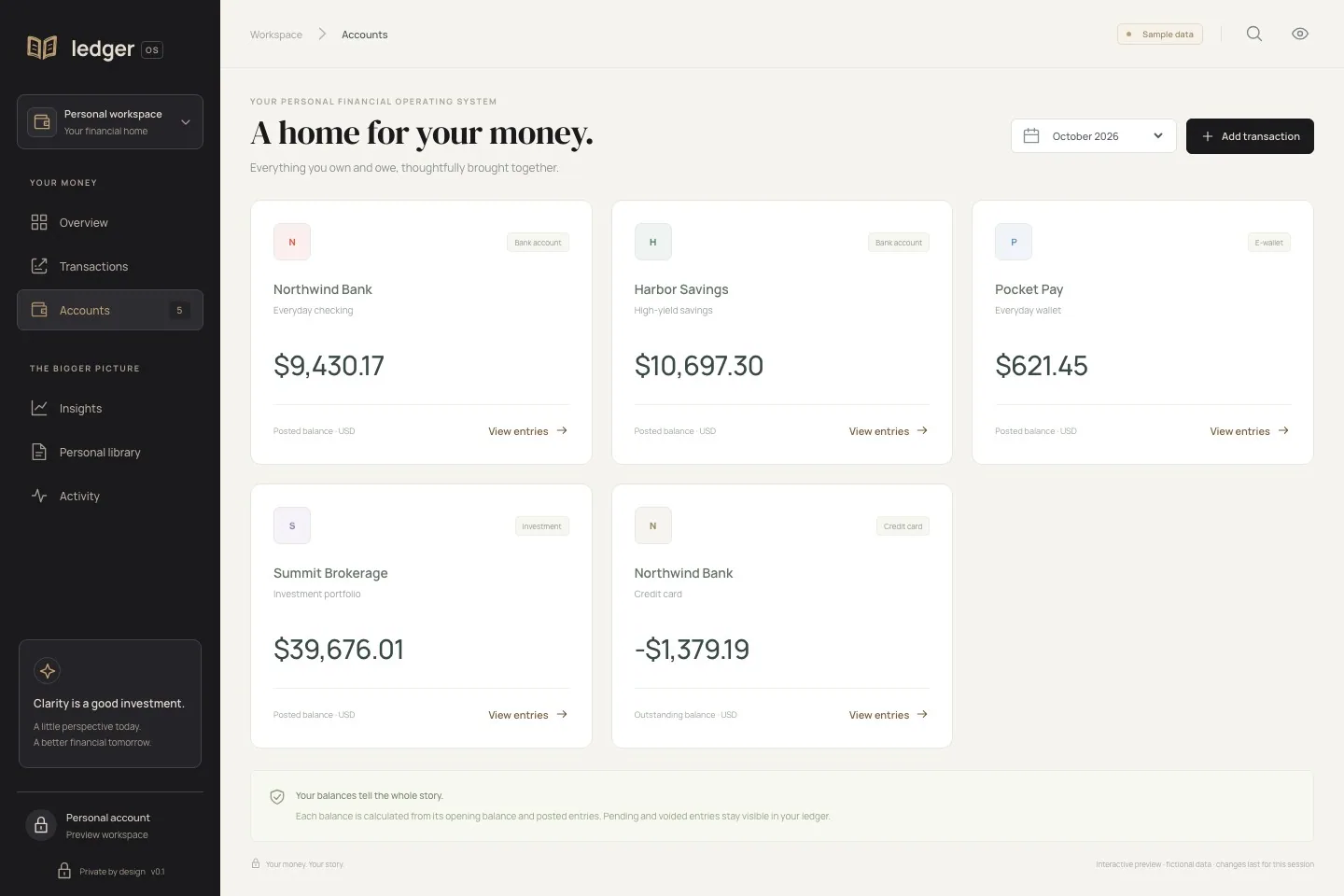 LedgerOS accounts view showing random USD sample bank, savings, wallet, investment, and credit card balances