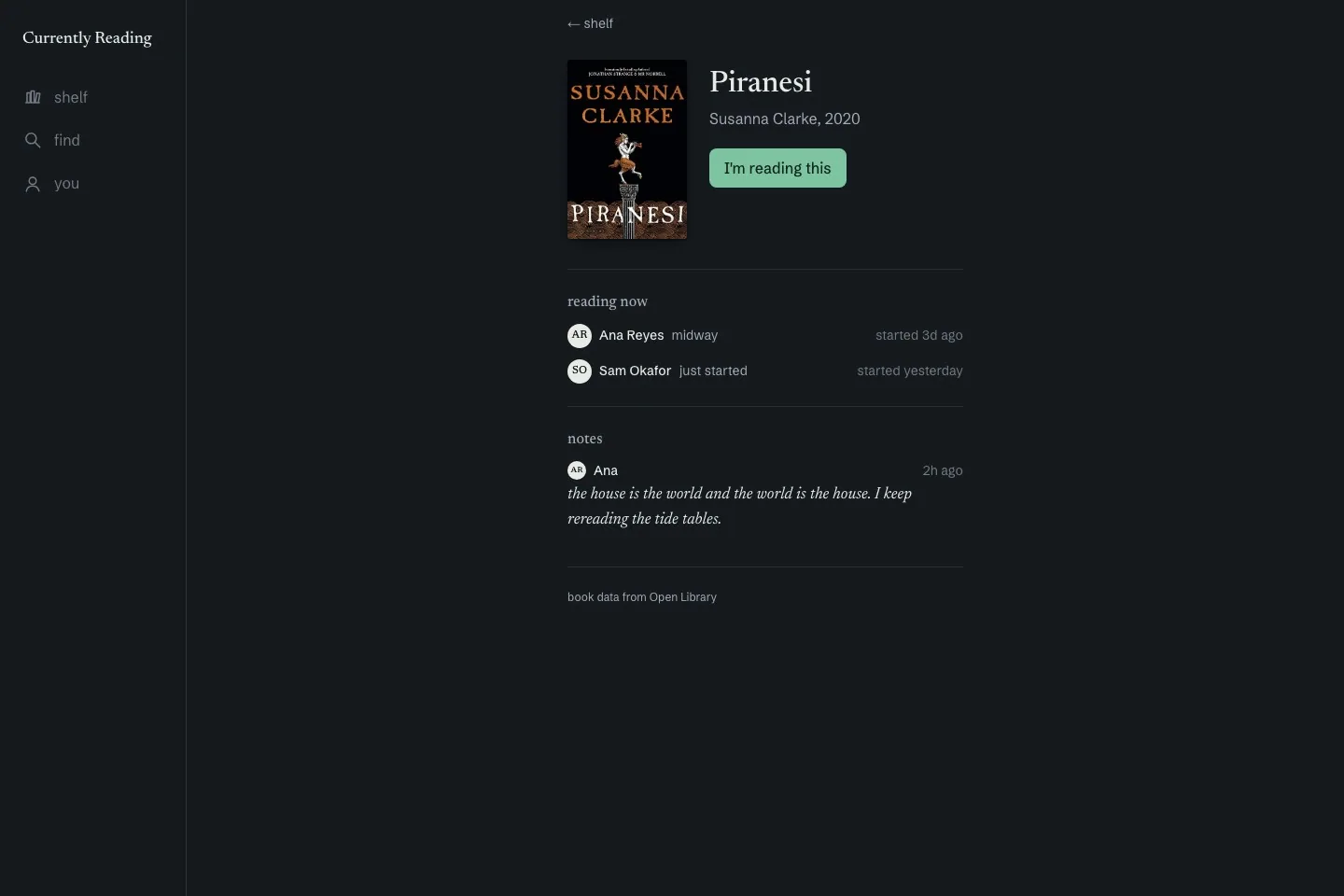 Currently Reading book detail with readers, reading progress, and shared notes