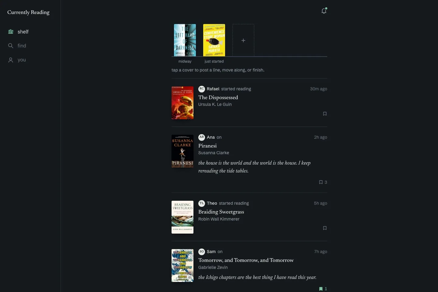 Currently Reading app with three reading slots and a chronological friend feed
