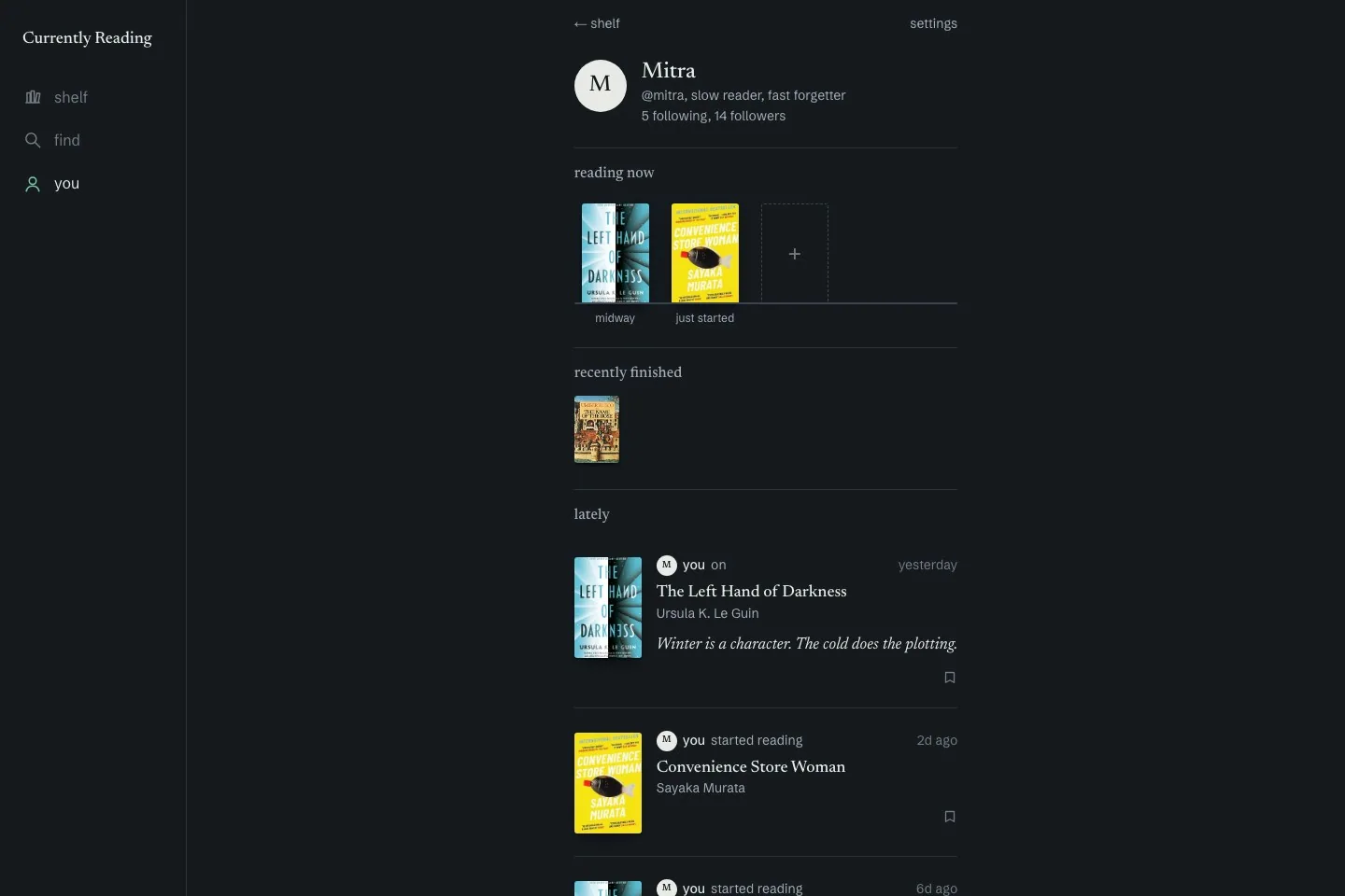 Currently Reading sample profile with a personal reading shelf and reading history