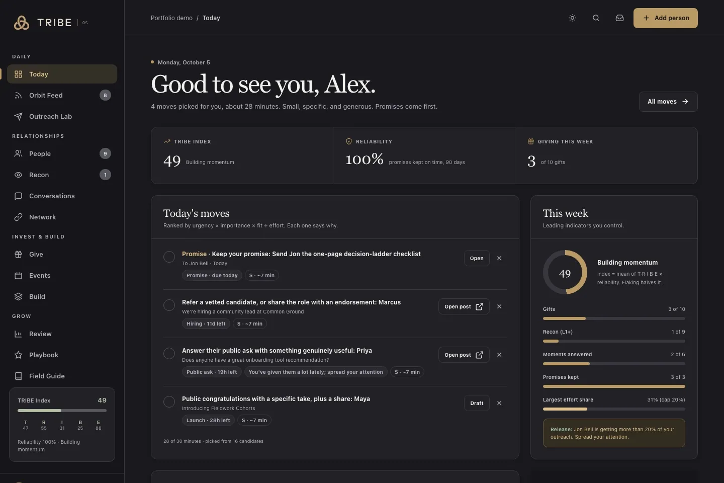 TribeOS relationship workspace dashboard with daily actions and promises