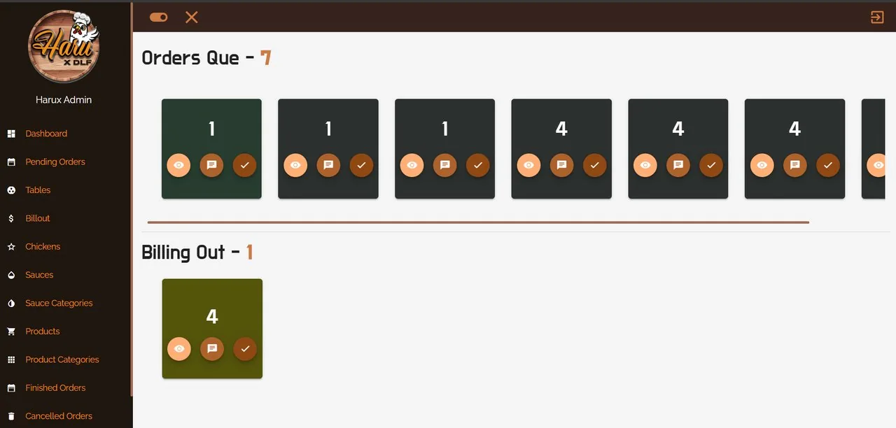 HaruX admin dashboard showing table orders and billing queues