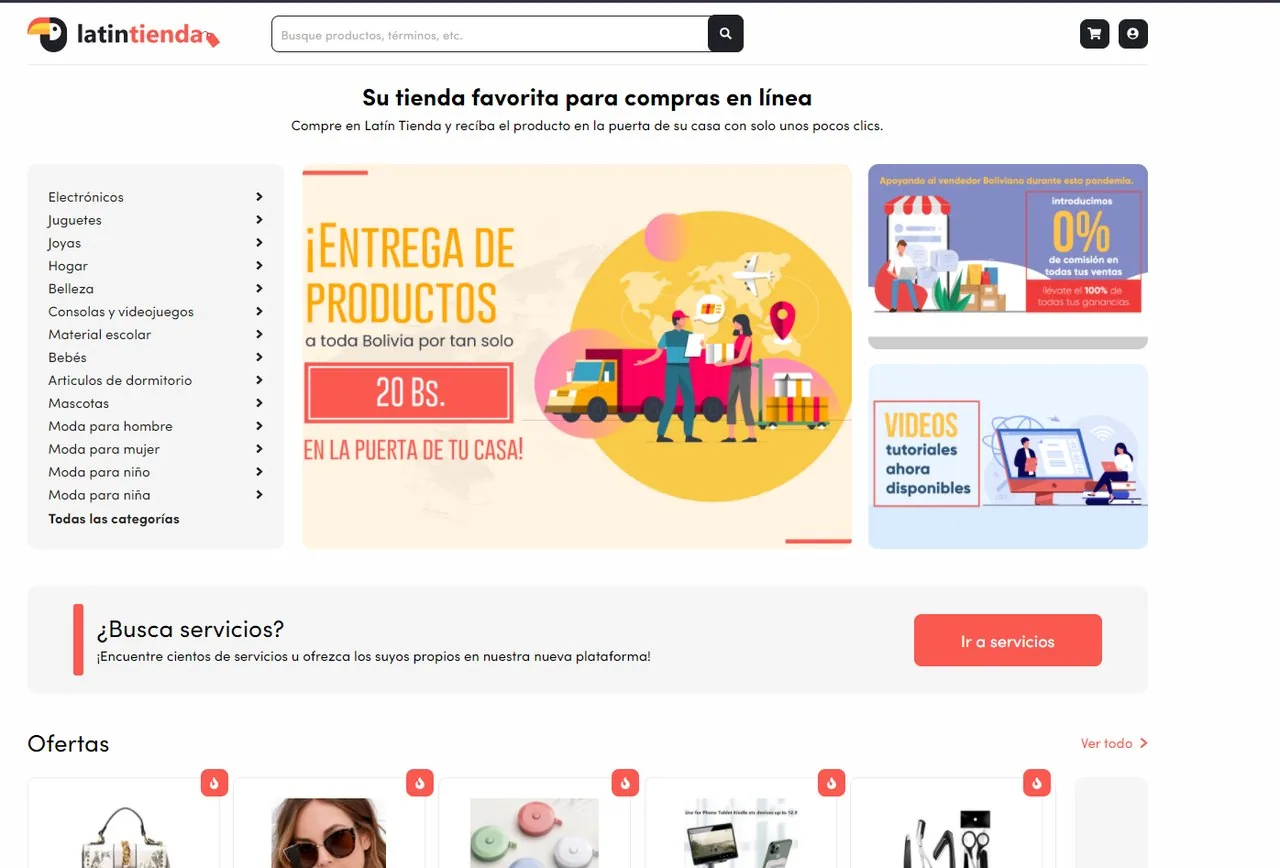 Latin Tienda storefront with product categories and promotional banners
